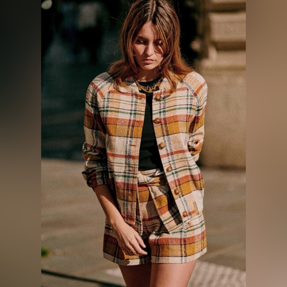 Sezane Tyson Linen Blend Shorts Harvest Plaid in Texan Jacquard XS 2 Sézane